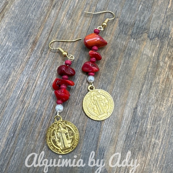 Bamboo coral dangle statement extra long earrings Saint Benedict - Picture 1 of 4